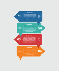 4 elements infographic comparison diagram with long rectangle with arrow and speech bubble on vertical stacked list with 4 step for slide presentation vector
