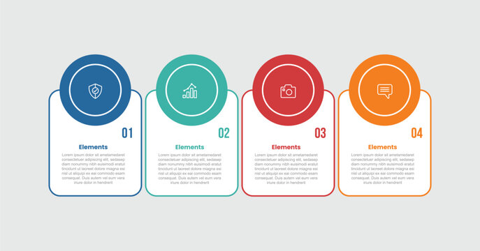 4 elements infographic comparison diagram with vertical box container with big circle badge on top with 4 step for slide presentation