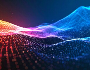 A vibrant, futuristic abstract background featuring flowing waves of colorful glowing particles, transitioning from warm orange to cool blue, symbolizing digital data, energy, or sound visualization.