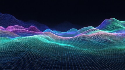 Futuristic Abstract 3D Landscape with Colorful Wavy Patterns in a Dark Background
