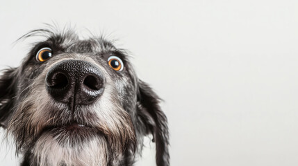 Surprised Scruffy Dog Face Up Close, Wide-Eyed Wonder, Perfect for Pet Care Ads and Humorous Content Design