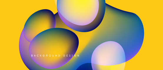 Abstract fluid shapes overlap, creating vibrant color gradients. Yellow background enhances dynamic visual effect. Modern design element.