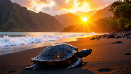 Majestic sea turtle on a black sand beach at sunset, with dramatic mountains and ocean waves.
