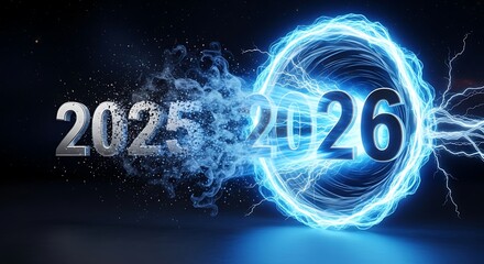 The year 2026 emerges from a dynamic electrical vortex, symbolizing the transition and energy of the future, with 2025 fading away