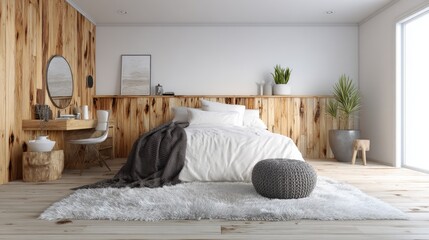 Modern minimalistic bedroom with wooden accents, cozy textures, and natural light for a serene atmosphere