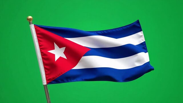 Vibrant Cuban flag dances dynamically against a pure, solid green backdrop, symbolizing national pride and heritage in a steady, professional capture.