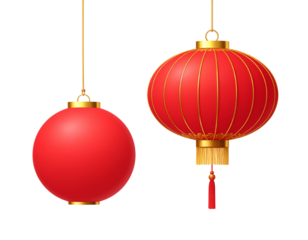 Traditional red and gold hanging lantern with tassels isolated on transparent background