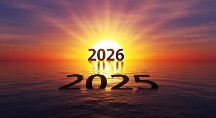 The year 2026 rising over the ocean horizon with a bright sun and reflection, symbolizing a new beginning and the end of 2025