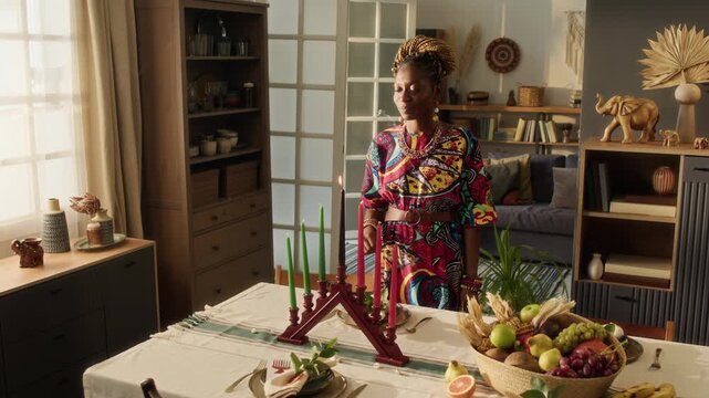 Smiling Black gen Z girl dressed in vibrant dress with brown belt lighting candle in holder while preparing for Kwanzaa celebration at home