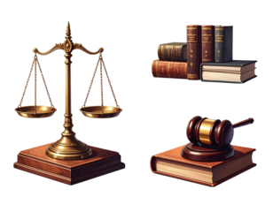 Scales of justice with gavel and law books isolated on transparent background