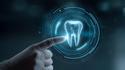Futuristic holographic projection of human tooth in digital interface for dental technology