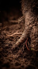 Close-up of plant root system in soil, partially exposed, with a worm