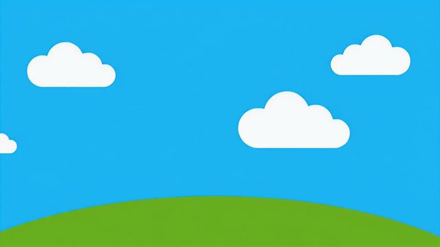 Vibrant Cartoon Landscape with Blue Sky, Fluffy Clouds, and Green Rolling Hills Illustration