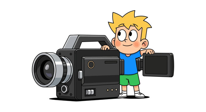 Animated young boy explores the world of filmmaking with vintage film camera illustration