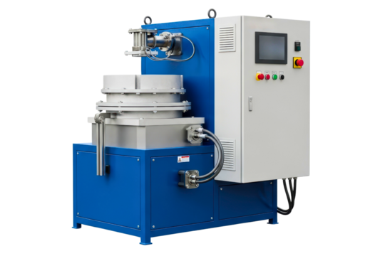 Modern industrial machine with a digital control panel display isolated on transparent background