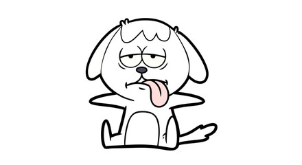 Obraz premium Humorous cartoon drawing of a tired dog sticking its tongue out on a white background