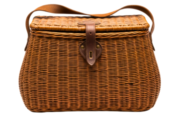 Vintage style woven wicker fishing basket with a leather strap isolated on transparent background