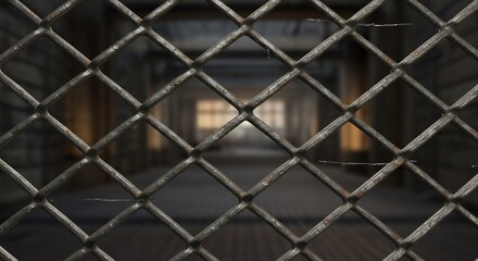 Fototapeta premium Iron cage with rusty marks blurred hallway or tunnel background