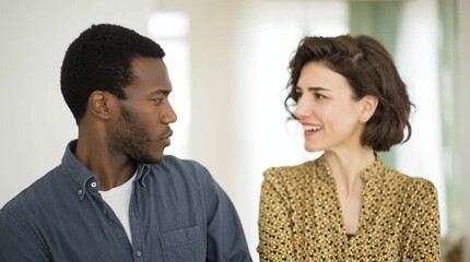 American family: White wife suspects her Black husband in marital unfaithfulness, but the man stays his ground saying he's not guilty. Scene in interracial family. Mixed couple - Powered by Adobe