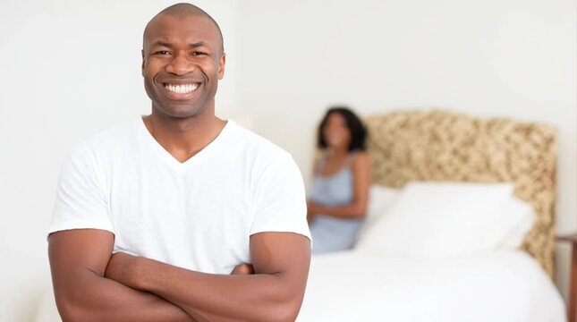 Bad in bed, but not upset. Stocky Brown skin man just has had a failure in bed with his wife and stays positive. Straight monogamous married couple