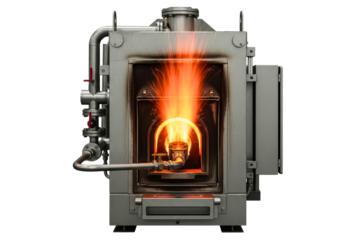 Industrial gas burner firing inside a hot metal furnace isolated on transparent background