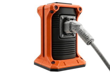 Frozen electrical power plug connected to a generator socket isolated on transparent background