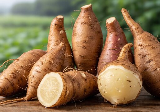 Fresh Yacon Roots on a Wooden Table, a Healthy Superfood Harvested from the Farm