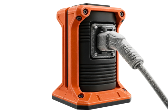 Frozen electrical power plug connected to a generator socket isolated on transparent background