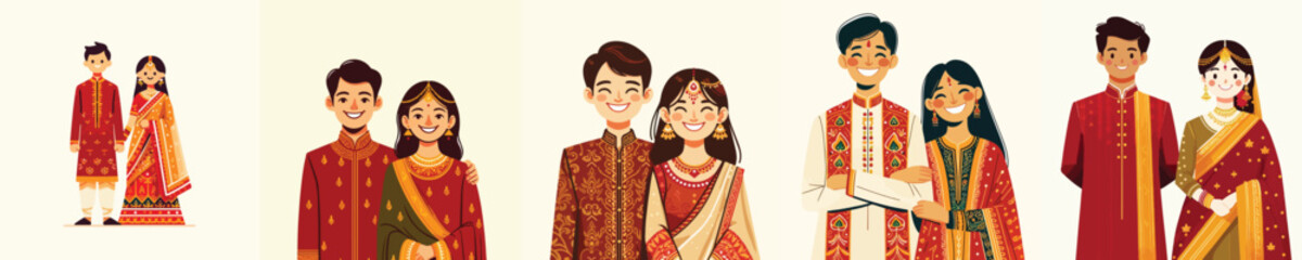 Indian couple wearing traditional gold and red clothes