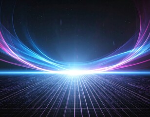 A stunning synthwave/retrowave abstract background featuring a neon-pink and blue grid floor, speed lines, and a bright central light, evoking an 80s futuristic or cyberpunk aesthetic.