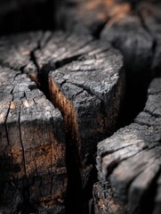 Fototapeta premium Detailed View of Charred Wood Revealing Deep Cracks and Textures Showing the Effects of Heat and Time in a Natural Setting