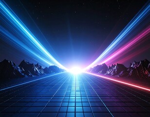 A stunning synthwave/retrowave abstract background featuring a neon-pink and blue grid floor, speed lines, and a bright central light, evoking an 80s futuristic or cyberpunk aesthetic.