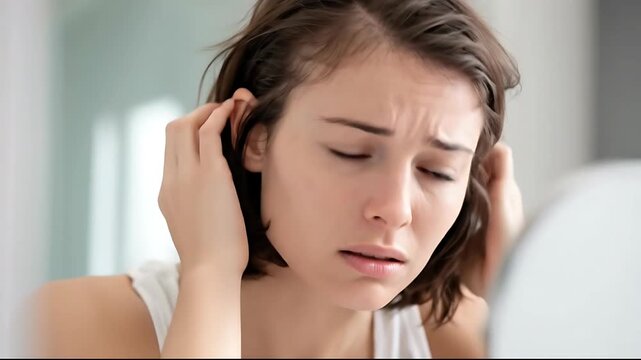 Worried Woman Examining Hair Loss in Mirror - Causes and Solutions.