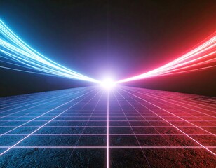 A stunning synthwave/retrowave abstract background featuring a neon-pink and blue grid floor, speed lines, and a bright central light, evoking an 80s futuristic or cyberpunk aesthetic.