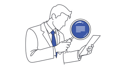 A businessman examines a document with a magnifying glass, representing analysis.