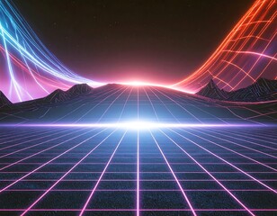 A stunning synthwave/retrowave abstract background featuring a neon-pink and blue grid floor, speed lines, and a bright central light, evoking an 80s futuristic or cyberpunk aesthetic.