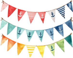 Nautical Bunting Flags: Watercolor Illustration of Vibrant Party Decorations