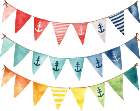 Nautical Bunting Flags: Watercolor Illustration of Vibrant Party Decorations