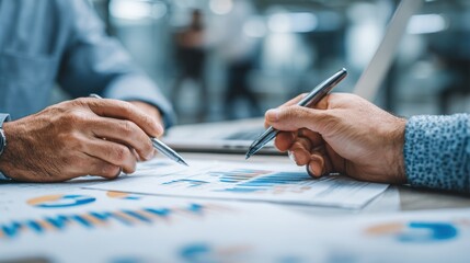 Close-up of two people in a business meeting, reviewing financial data with pens