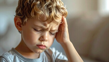 Sad little boy with headache touching his head at home