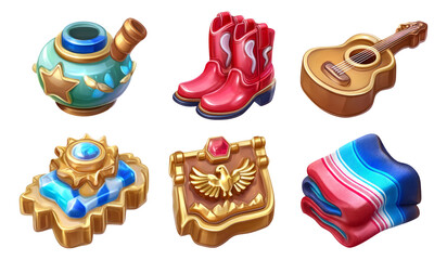 Fototapeta premium Colorful Collection of Isolated Objects Featuring Boots, Guitar, and Decorative Items