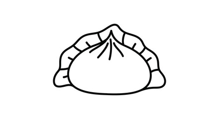 A simple line drawing depicts a single dumpling with pleated edges.