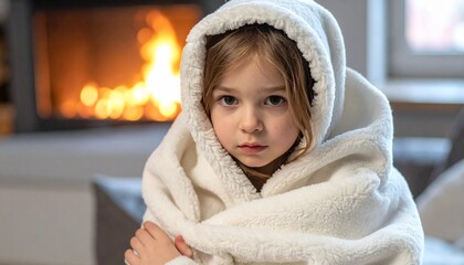 Little girl wrapped in warm blanket sitting near fireplace in cozy home