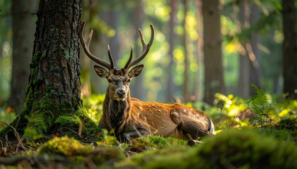 Majestic Red Deer stag with large antlers resting in a sunny mossy forest