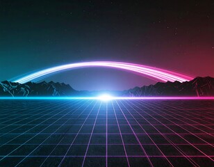 A stunning synthwave/retrowave abstract background featuring a neon-pink and blue grid floor, speed lines, and a bright central light, evoking an 80s futuristic or cyberpunk aesthetic.