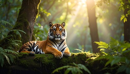 Tiger resting on a mossy branch in a sunlit jungle with striking light rays