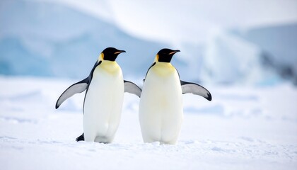 Two emperor penguins standing together on snow in Antarctica