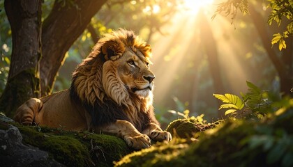 Majestic lion resting in sunlight in lush green forest