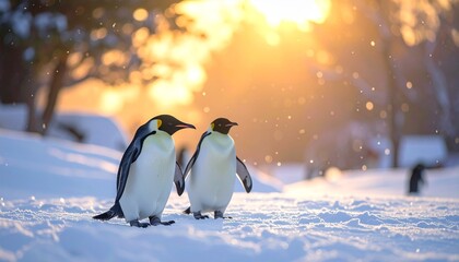 Two emperor penguins walking on snow at sunrise in Antarctica