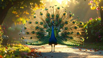 Majestic peacock displaying colorful feathers in morning sunlight at beautiful garden